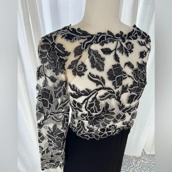 Tadashi Shoji Peony Embroidered Lace Top Black Ivory Gown Dress Size 16 - Picture 6 of 15